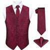 Enlision Gilet da Uomo Elegante Paisley Jacquard Gilet Rosso da Abito Cravatta e Fazzoletto Set per Festa Sposa