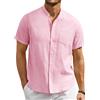 Enlision Camicia di Lino Uomo Rosa Camicia Collo Coreano Manica Corta Estiva Camicie Uomo Lino Cotone con Bottoni Tasche per Casual Beach Matrimonio S