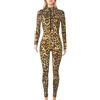 Maeau Tuta da donna a maniche lunghe, con leopardo, con colletto alto, elasticizzato, con chiusura lampo, taglie S-XL, Nero marrone, L