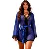 comeondear Lingerie Donna Trasparente Taglie Forti Camicia da Notte Pizzo con Perizoma Babydoll Seducente Hot Completo Intimo Sexy con Cintura Scollo a V Kimono Vestaglia Pigiama Blu,3XL-4XL