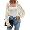 Famulily - Cardigan estivo da donna a maniche lunghe, corto, con scollo a vuoto, in pizzo floreale lavorato a maglia, scialle coprispalle, Beige, L
