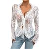 JokeLomple Top in Pizzo a Maniche Lunghe in Rete per Le Donne, Sexy, con Lacci Anteriori, Ricami Floreali, Trasparenti, Trasparenti