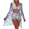 Generic Set bikini da donna, 3 pezzi, costume da bagno tropicale da spiaggia, kimono, costume da bagno con coulisse e pantaloncini #I228