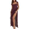 LIUPONHU Women's Summer Sexy Double High Slit Deep V Neck Plus Dresses，Sexy Backless Satin Cocktail Slit Maxi Dress