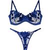 Panegy Sexy Reggiseno e Slip Set Ricamato Due Pezzi Push Up Lingerie Set Boudoir Anniversario Blu Piccolo