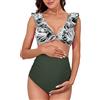 Summer Mae Costume da Bagno Premaman a Vita Alta Due Pezzi con Volant Bikini Costume da Bagno Floreale con Scollo a V Costumi da Bagno per Gravidanza, Valzer Foglia Volante, M