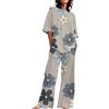 Generic Pigiama da donna alto 2 cotone lino set magliette oversize gamba dritta pantaloni plus size tuta donna manica lunga pigiama set, Grigio, 4XL