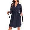 Ekouaer Accappatoio Donna Nido d'Ape Corta Vestaglia Leggero Morbida con Tasca Kimono Vestaglie Maniche a 3/4, Blu Marino XXL