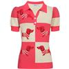 OXKNIT Polo da donna a maniche corte rosa con scollo a V in tessuto jacquard con motivo a bassotto
