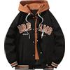 Generisch Giacca da baseball da uomo college con cappuccio patchwork ricamata felpa con colletto alto hoodie da baseball leggera sottile giacca sportiva varsity jacket streetwear giacca bomber, Nero