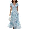 Generale Abito Maxi Floreale Donna invitata Matrimonio, Scollo V Vita Empire Chiffon Fluido Abito da Sera Boho Vacanze Estate(Blue,M)