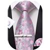 Barry.Wang Set di cravatte da uomo in seta, motivo floreale paisley, a righe, a quadri, con fazzoletto da taschino e gemelli, clip, 4 pezzi, per business, matrimonio, festa, lavoro, Fiori rosa