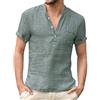 Remxi Uomo Camicie di Lino Solid Shirts Manica Corta Casual Henley Shirt VerdeScuro1 M