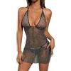 Duohropke Abito da spiaggia da donna, in rete, con brillantini, con strass, a rete di pesce, abito bikini trasparente, Nero , L