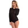Magi - Body da donna in pizzo trasparente, a maniche lunghe, con scollo rotondo, trasparente, con chiusura a pressione Nero S