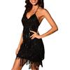 KBOPLEMQ Gatsby - Abito da donna anni '20, con paillette, con frange, stile retrò, lungo e glitterato, con spalline sottili, sexy, corto, con scollo a V, lunghezza al ginocchio