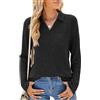 FZKun Polo da donna a maniche lunghe con scollo a V e colletto ampio, casual, da lavoro, in morbida maglia, con tasca, Nero , M