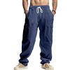 PADOLA Pantaloni Uomo Cotone Lino Cargo Spiaggia Tasca Multipla Vita Regolabile Coulisse Casual Chino Lungo Estivo per Mare e Viaggio(S,Blu Scuro)