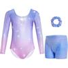 Gogokids Body da ginnastica da bambina, a maniche lunghe, con pantaloncini e fascia per capelli, body da danza scintillante, con design sfumato, per 3-12 anni