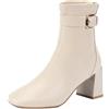 Generisch Chelsea Boots - Stivaletti da donna in pelle, con punta quadrata e altezza media, con fibbie, eleganti stivali in pelle con tacco corto (nero)