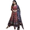 Sambhav Quilt Hub Anarkali Block Indaco Stampato Kurta & Pantaloni in cotone con Dupatta Set, Blu e rosso., Large