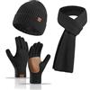 Yoolhamy Set di 3 guanti invernali da donna, cappello, sciarpa, guanti da uomo, foderati in pile, sciarpa lunga, guanti touchscreen, per la stagione fredda, nero, taglia unica