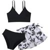 Generic Costumi da Bagno Ragazza 3 Pezzi Bikini Tuta Camisole Top con Coprire Pantaloncini da Spiaggia Bambini Nuoto Costume Gonna Stampata Surf Costumi da Bagno 8-15 Anni (B-Black, 11-12 Years)