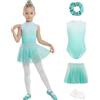 JiAmy Body da danza per ragazze, 4 pezzi, con gonna rimovibile, colore sfumato, vestito da danza con collant elastici 4-12 anni, Verde, 4-5 anni