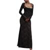 Generic Sexy abito lungo con scollo quadrato e lacci, pizzo trasparente, maniche lunghe, dettagli all'uncinetto e sciarpa, elegante abito da sera estivo da donna sexy, Nero , S