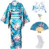 CRFASIBE 5 Pezzi Kimono Donna Lungo, Costume Giapponese Yukata per Cosplay | Set Completo Kimono con Accessori e Confezione Regalo, Taglia Unica, per Carnevale, Cerimonia, Festa
