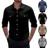 Generic Camicia da uomo a maniche lunghe, senza stiratura, elasticizzata, per il tempo libero, con bottoni, in cotone, a doppia tasca, con colletto a risvolto, in tinta unita, in lino, leggera, Nero , XXL