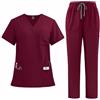 Meichoon Scrubs DK77 - Set di divise mediche con scollo a V, maniche corte, pantaloni con gamba dritta, 8 tasche, coulisse elastica e traspirante, rosso vivo, L