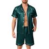 Lovasy Pigiama Uomo in Raso Estivo con Bottoni Davanti Pigiami Set Corta Scollo a V e Maniche Corte 2 Pezzi Seta Pigiama da Casa Leggero T-Shirt,A-Verde Scuro,XL