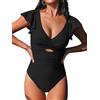 CUPSHE Costume da bagno intero da donna, con scollo a V, increspato, con apertura sul retro e gancio posteriore (disponibile in Plus), nero, XS