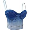 PEWRESLORS Canotta da donna in denim Corsetto Bustier Blu Jean Crop Top Reggiseno Streetwear Cami Cinghie Staccabili Push Up Vest (Blu Ombre Blue), Blu sfumato., XS