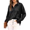 Jhsnjnr Camicia in seta da donna, elegante, a maniche lunghe con bottoni, scollo a V, per ufficio, oversize, in raso lucido, Nero , S