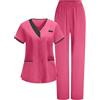 HAOLEI Divisa OSS Donna Cotone Divisa Sanitaria Set con Casacca e Pantalone Medico Elegante Manica Corta Camice da Laboratorio Elasticizzato Leggero Uniformi Infermiere Camicia da Lavoro Officina Pulizie