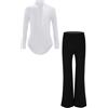 inlzdz Body Bambino per Ballo da Sala Danza Standard Latino Americano Leotard da Balletto + Pantaloni Svasati a Vita Alta Completo da Valzer Tango Samba Rumba Bianco 9-10 anni