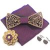 Cyriacus Set di Papillon in Legno, contiene Papillon e Gemelli, Sciarpa Quadrata (3PCS/4PCS), Design unico traforato, Adatto per l'uso in più scene