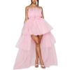 Owegvia - Abito da donna a strati in rete alta-bassa, con spalline scoperte, in tulle soffice, da cocktail/prom/matrimonio, con strascico, rosa, M