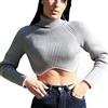Owegvia Donne Dolcevita manica lunga cropped maglione a costine maglia orlo irregolare crop top collo moto skinny pullover corto maglieria, Gray Pink, S