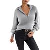Generisch Maglione da donna con colletto con chiusura lampo - Troyer casual effetto a costine con maniche a palloncino · Moderno maglione a mezza zip per autunno e inverno, Stile/P03 Grigio, S