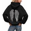 Generisch Felpa con cappuccio nera con ali di paillettes, oversize, con cappuccio con ali glitterate, a maniche lunghe, larga, felpa hip hop, danza grigia, per il tempo libero, sport, stile streetwear