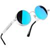 Joopin Occhiali da Sole Rotondi Uomo Donna UV 400 Polarizzati Retro Vintage Metallo Steampunk Occhiali Specchio (Blu)