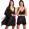 Laura in - Completo Elegante di Pigiama di Seta Raso da Donna con Pizzo. 5 Pezzi, Cappotto, Vestaglia, Top Camicia da Notte, Pantaloni e Pantaloncini.NeroS1106