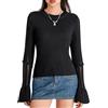 Generic Camicia Girocollo da Donna Maglietta Lunga in Maglia con Maniche a Campana Camicia da Donna Streetwear-Nera-M