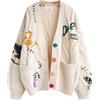 Lazutom, cardigan da donna, invernale, caldo, in maglia a cabotaggio spessa, con collo a V, bottoni, ricamo, in misto lana, cappotto, Beige, Etichettalia unica
