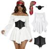 Generico Costume da pirata da donna, abito bianco con cintura corsetto, bandana, fascia per gli occhi, costume da pirata, costume da pirata, costume da carnevale, costume da pirata medievale, vestito da pirata