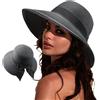 DRESHOW Cappelli da Sole per Donna Fedora da Viaggio Pieghevole da Spiaggia Cappello da Sole Sstivo a Tesa Larga in Paglia con Fiocco UPF 50+