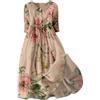 Generic Abito Di Lino Estate Delle Donne Manica Corta Abito Estivo Abiti Di Lino Midi Donne Cotone Lino Abito Casual Abiti Da Spiaggia Abito A-Line Vestiti Stampa Floreale Elegante Vestito Con Cintura Bottoni